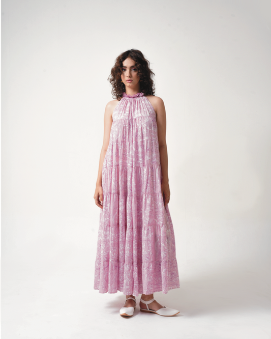 Lila Neck Gathered  Dress - Rose