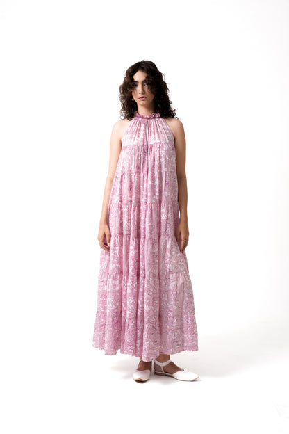 Lila Neck Gathered  Dress - Rose
