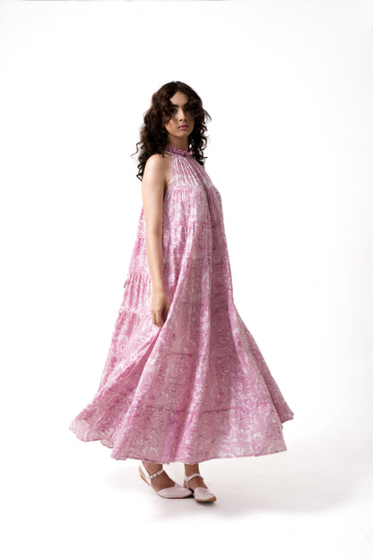 Lila Neck Gathered  Dress - Rose